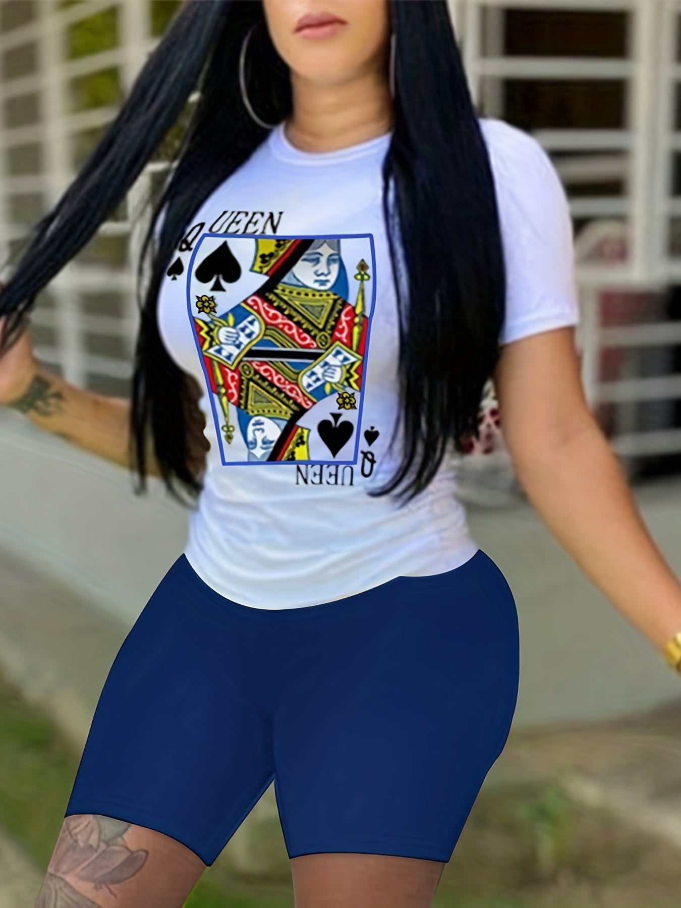  Poker Card Print 2 Piece Set Crop Top & Shorts Outfit