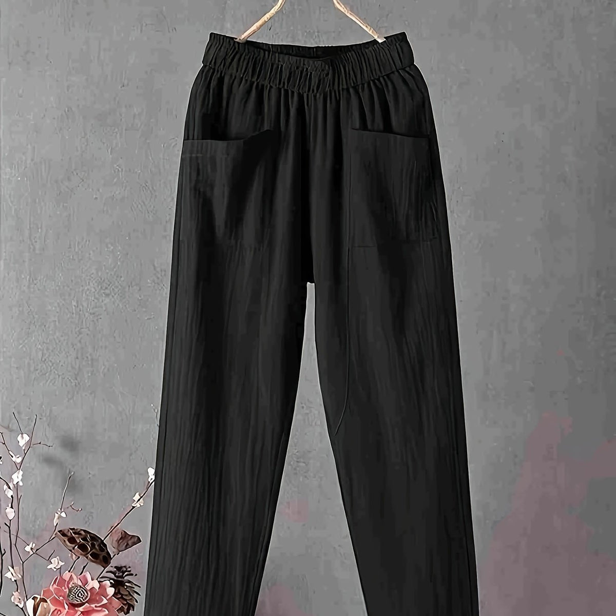 Women's Plus Elastic High Rise Loose Fit Trousers With Pockets