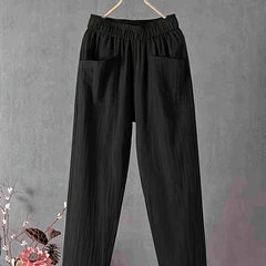 Women's Plus Elastic High Rise Loose Fit Trousers With Pockets