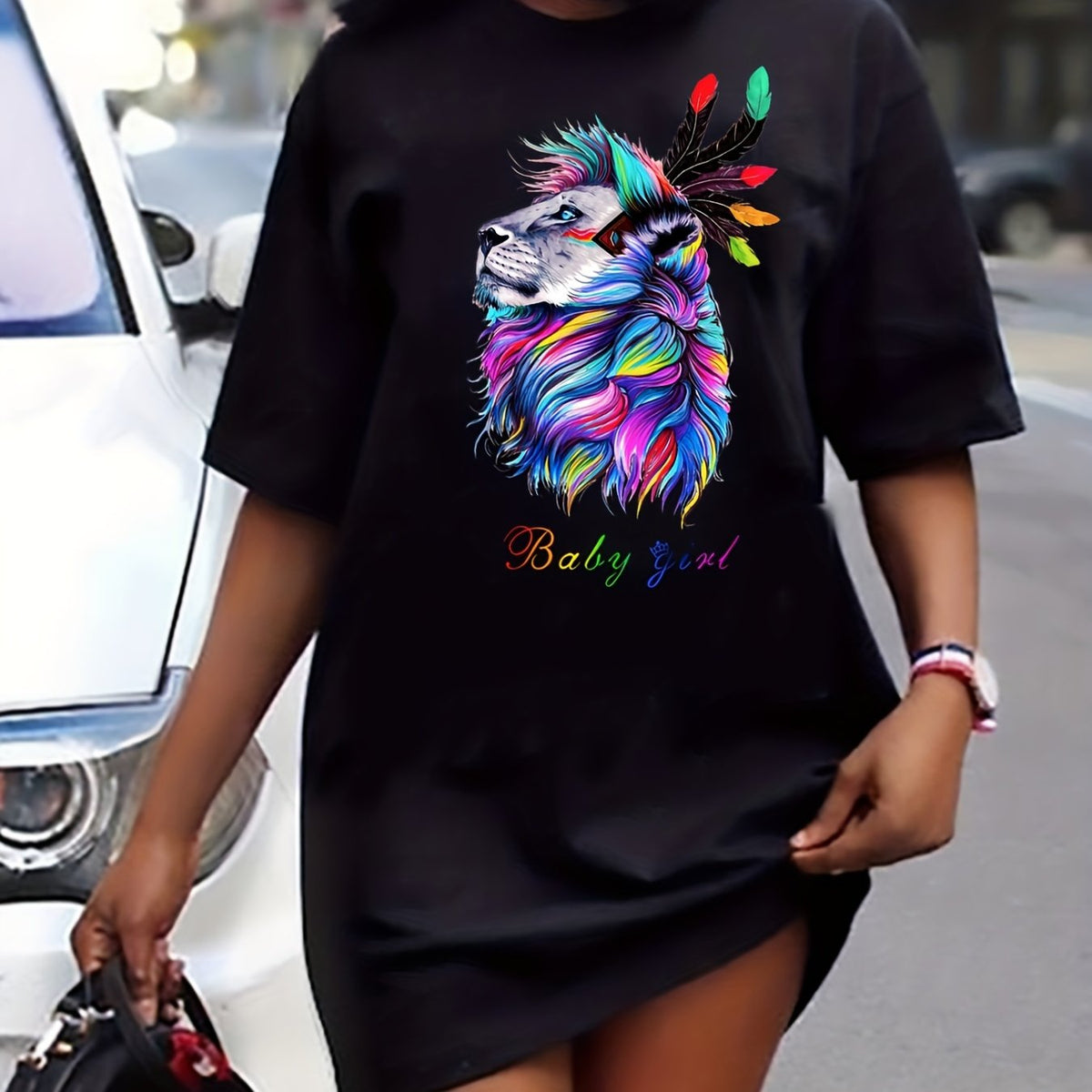  Lion Print Short Sleeve Tee Dress