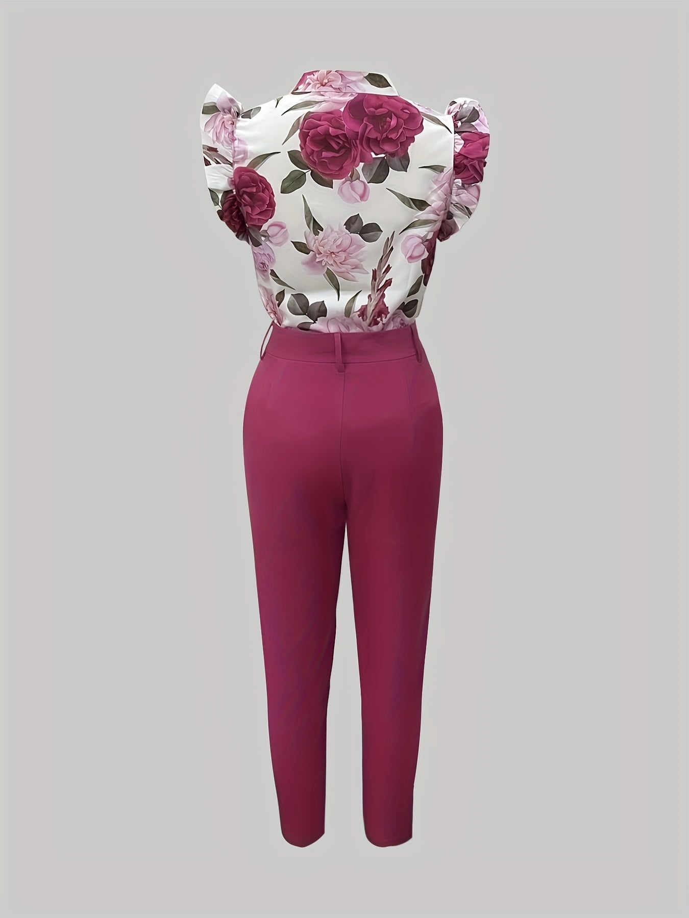 Floral Print Blouse & Slim Pants Outfit Women's Clothing