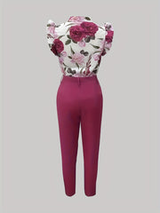 Floral Print Blouse & Slim Pants Outfit Women's Clothing