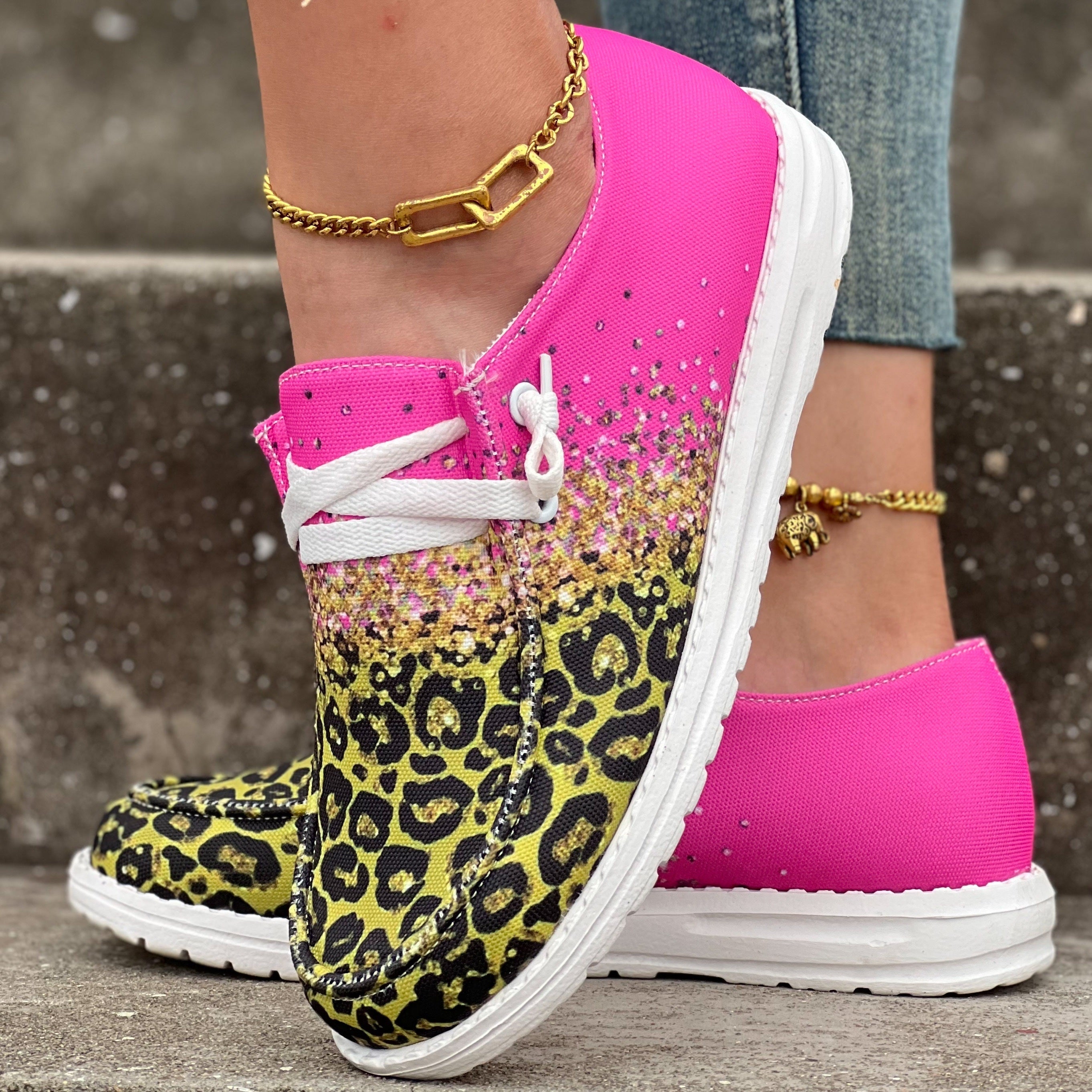 Leopard Print Canvas Lace Up Low Top Sneakers