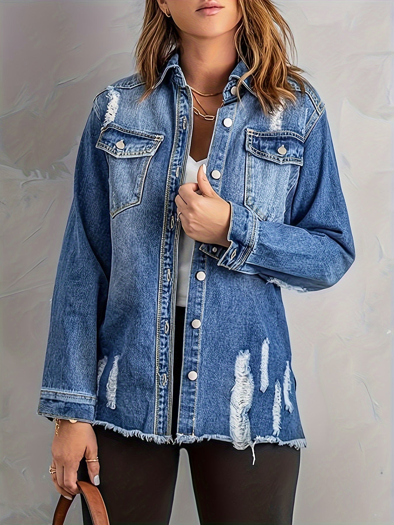  Ripped Denim Jacket Women's Long Sleeve Washed Jean Jacket