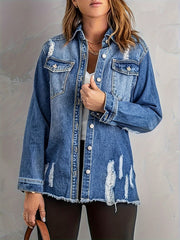  Ripped Denim Jacket Women's Long Sleeve Washed Jean Jacket