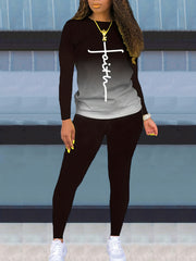 Gradient Faith Print Two Piece Set Workout Outfits