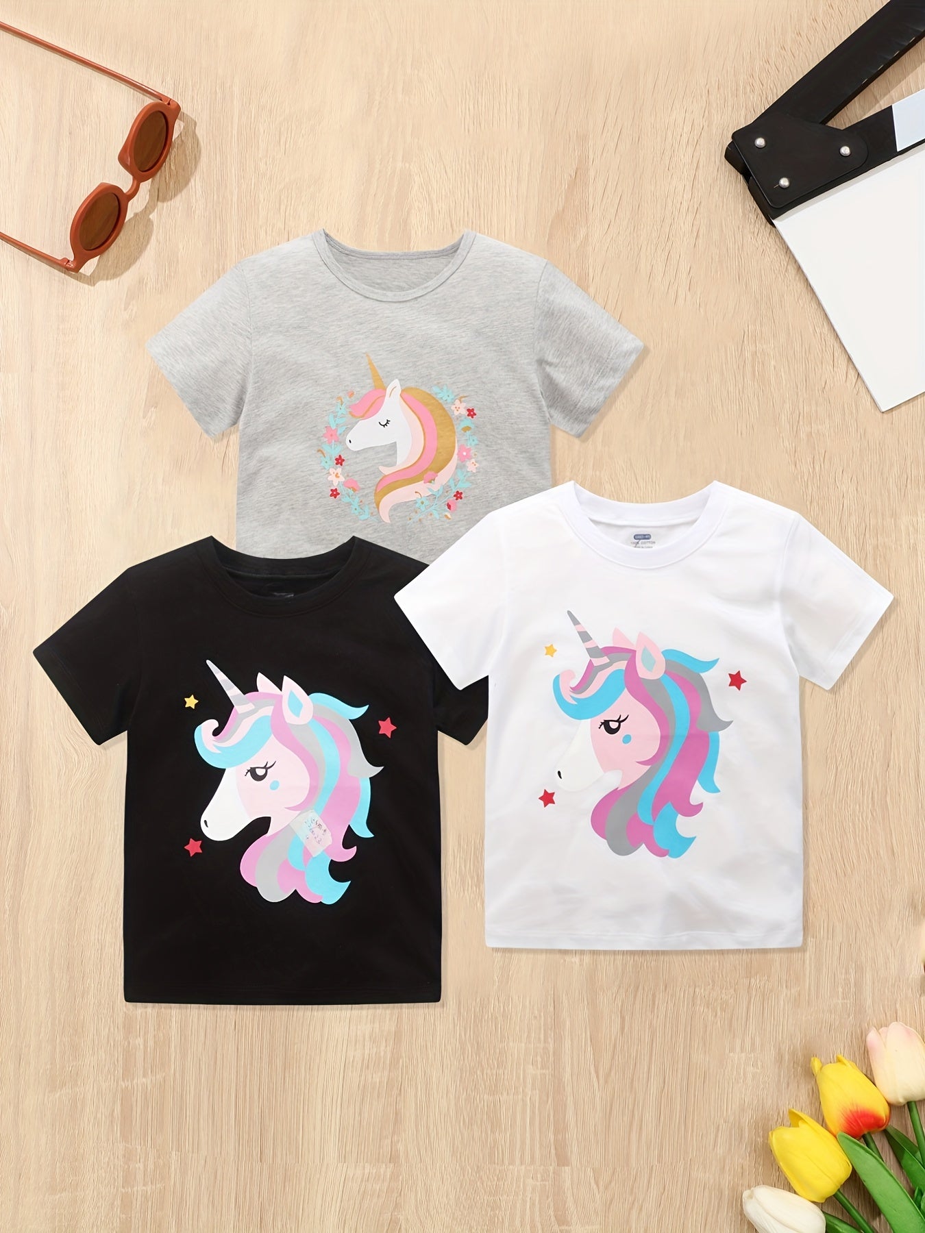 3pcs Pony Print Short Sleeve T shirt Set for Girls