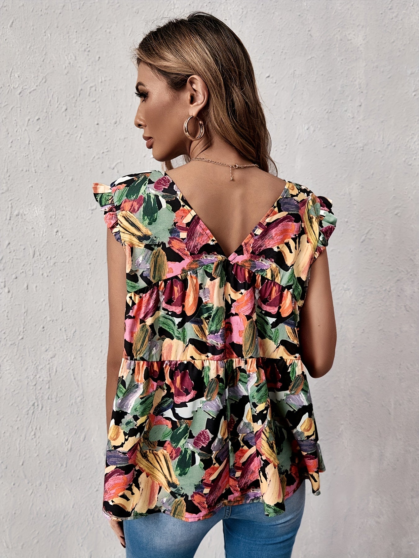 Ruffle Trim V Neck Top Cap Sleeve Casual