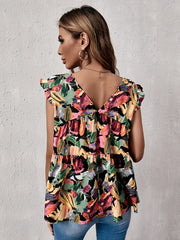 Ruffle Trim V Neck Top Cap Sleeve Casual