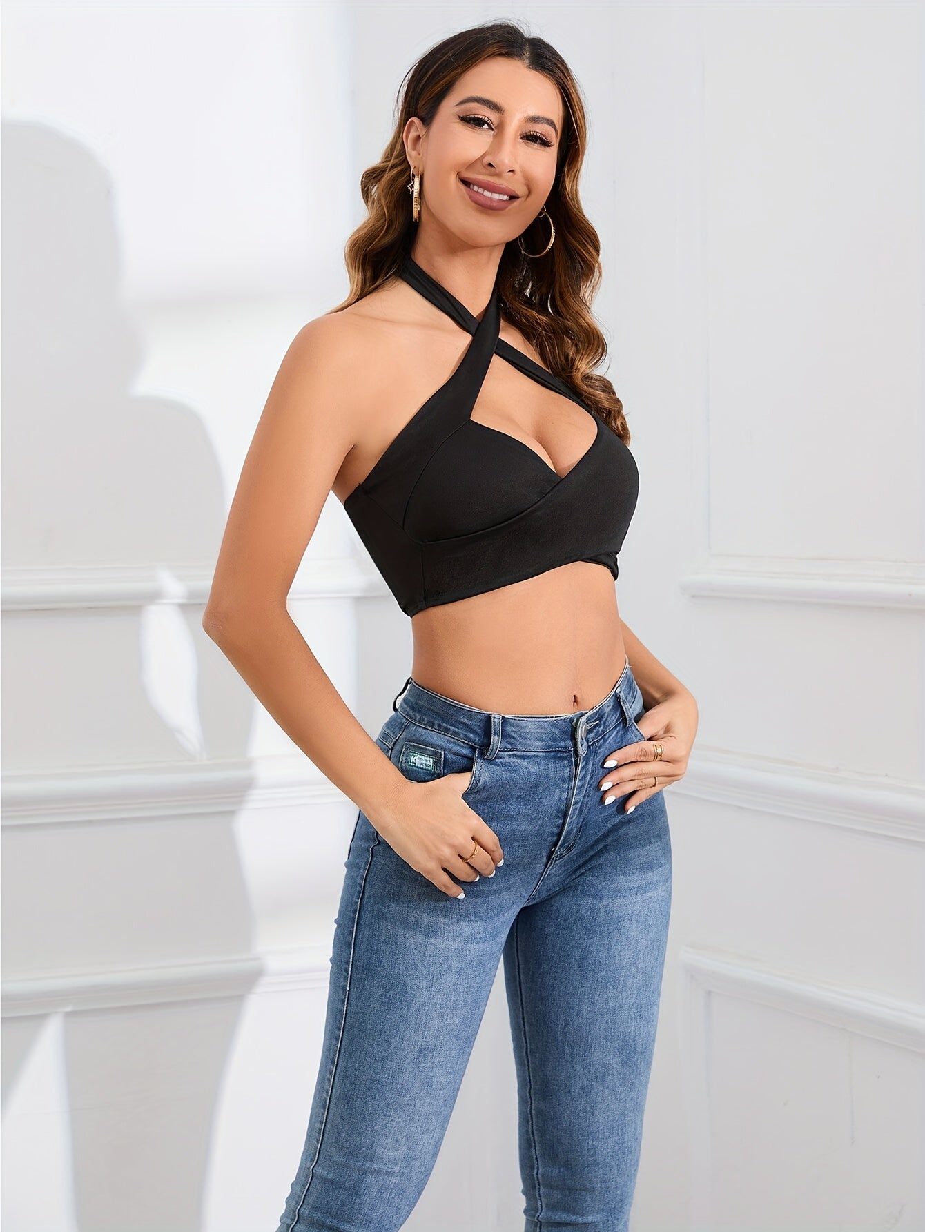 Solid V Neck Backless Cami Crop Top