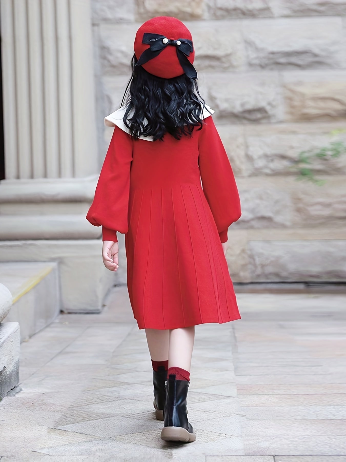 Girls Comfy Cotton Dress Lantern Sleeve Collar Dress Spring Fall Winter