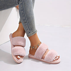 Women's Double Straps Flat Slippers Open Toe Solid Non Slip Fluffy Home Shoes