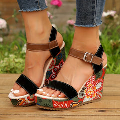 Women's Floral Print Wedge Sandals Colorful Open Toe Buckle Strap Heels