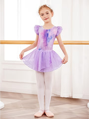 Girls Solid Ruffle Trim Ballet Leotard Dress Short Sleeve Dance Performance Gift