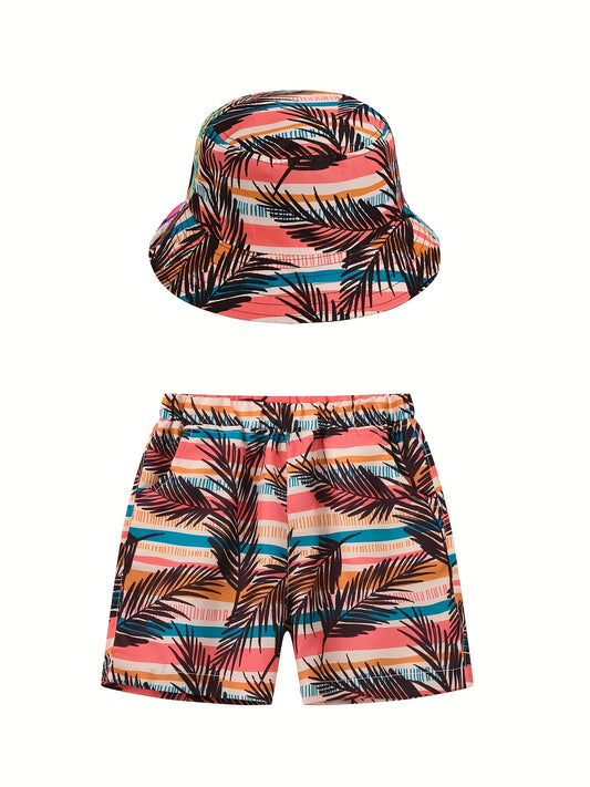 Boy's Coconut Tree Print Shorts & Sun Hat Set