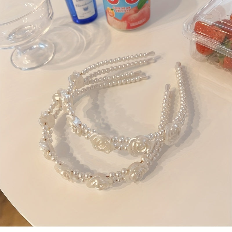 Faux Pearl Hair Band Resin Flower Headband Double Layered Headdress