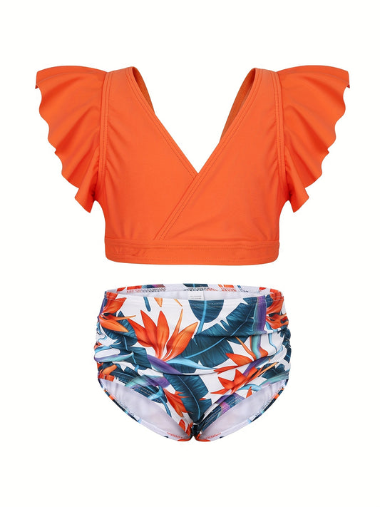 Toddler Girls Bikini Tankini Swimsuit Ruffle Trim Top & Shorts Set