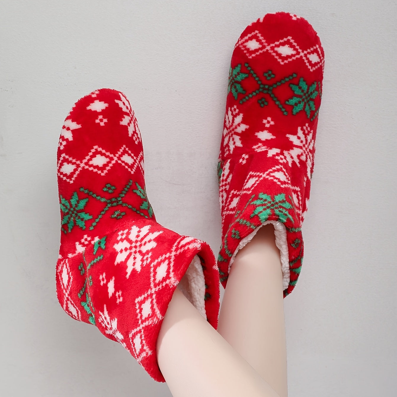 Snowflake Pattern Fuzzy Slipper Boots Christmas Plush Lined Shoes