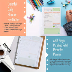 Colorful A5 Planner Inserts & Refills, 6 Ring Binder, PVC Pouch