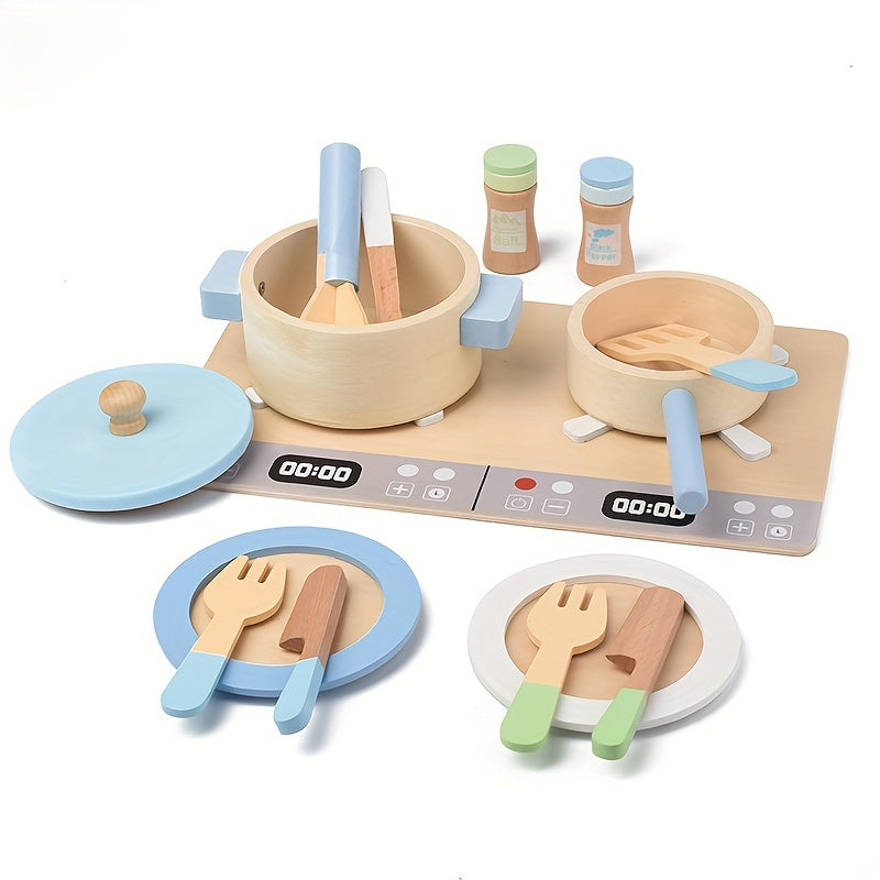 Wooden Play Kitchen Set with Plates & Utensils Kids' Cooking Toy