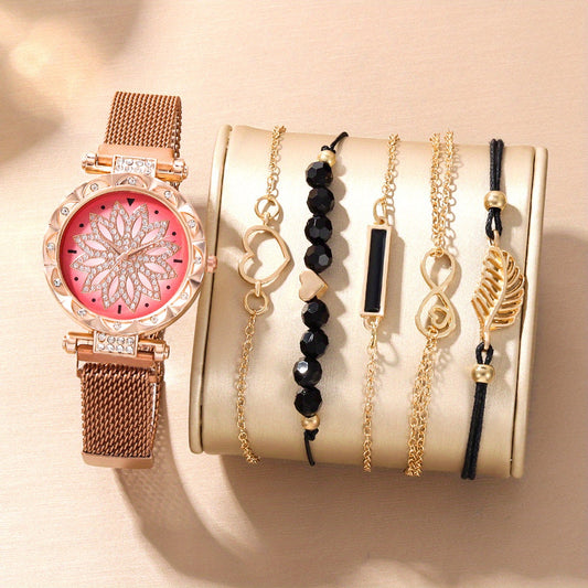 Digital Rhinestone Quartz Watch & 5pcs Bead Bracelet Set