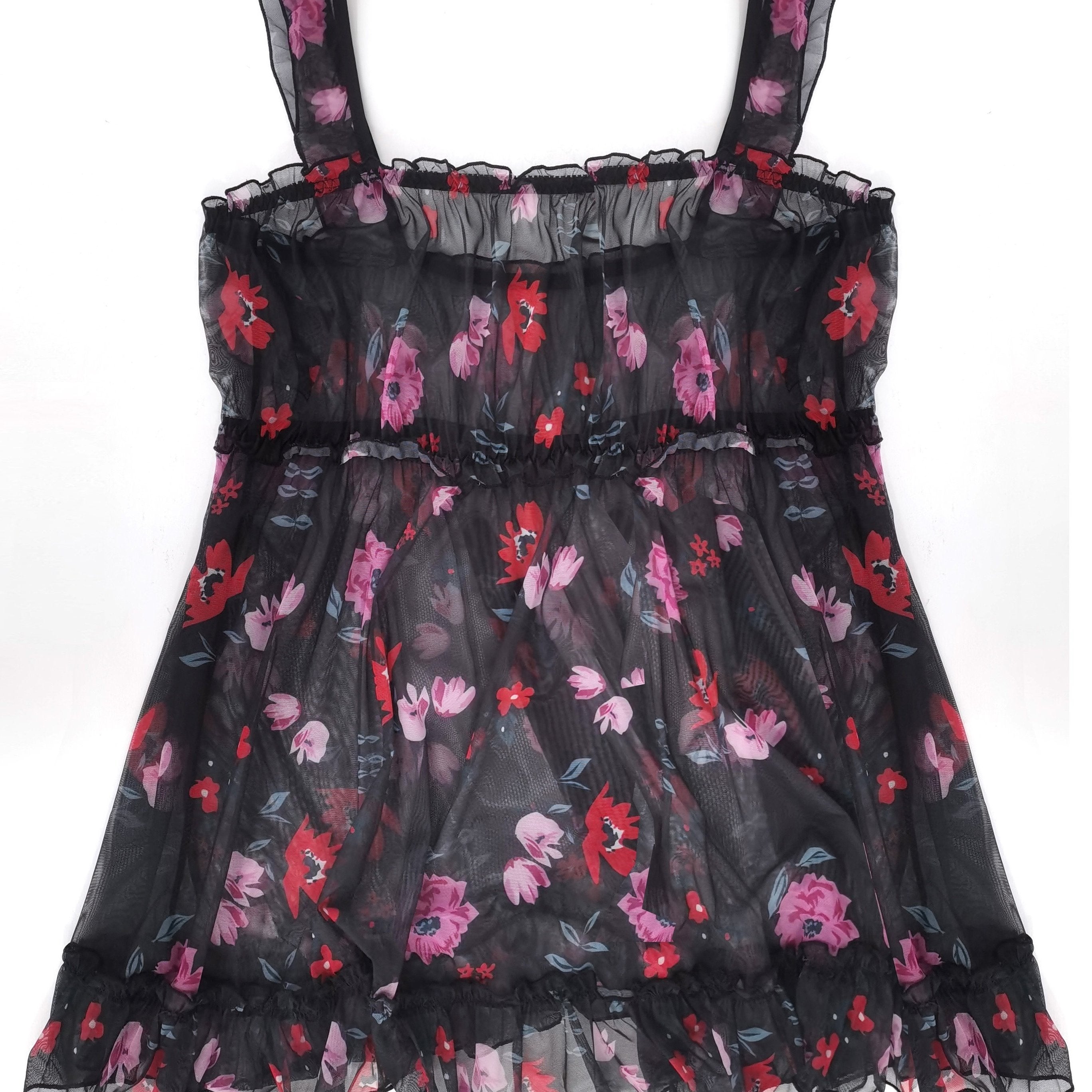 Floral Print Ruffle Trim Mesh Tank Nightdress Women's Plus Size