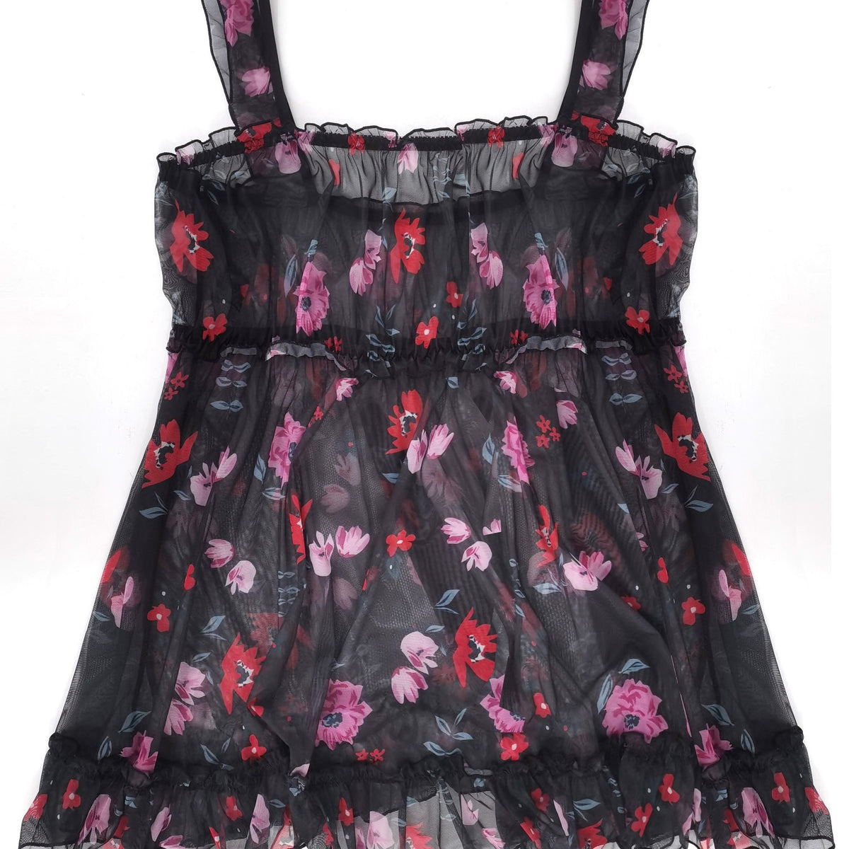Floral Print Ruffle Trim Mesh Tank Nightdress Women's Plus Size