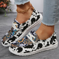 Women's Cow & Sunflower Print Canvas Loafers Lightweight Sneakers