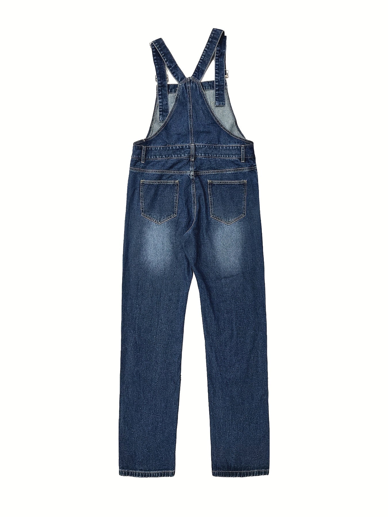  Washed Pipping Buckle Ripped Denim Overalls
