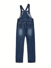  Washed Pipping Buckle Ripped Denim Overalls