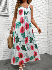 Plus Tropical Print V Neck Stretch Maxi Cami Dress