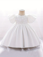 Girls Puff Sleeve Princess Dress with Flower Decor