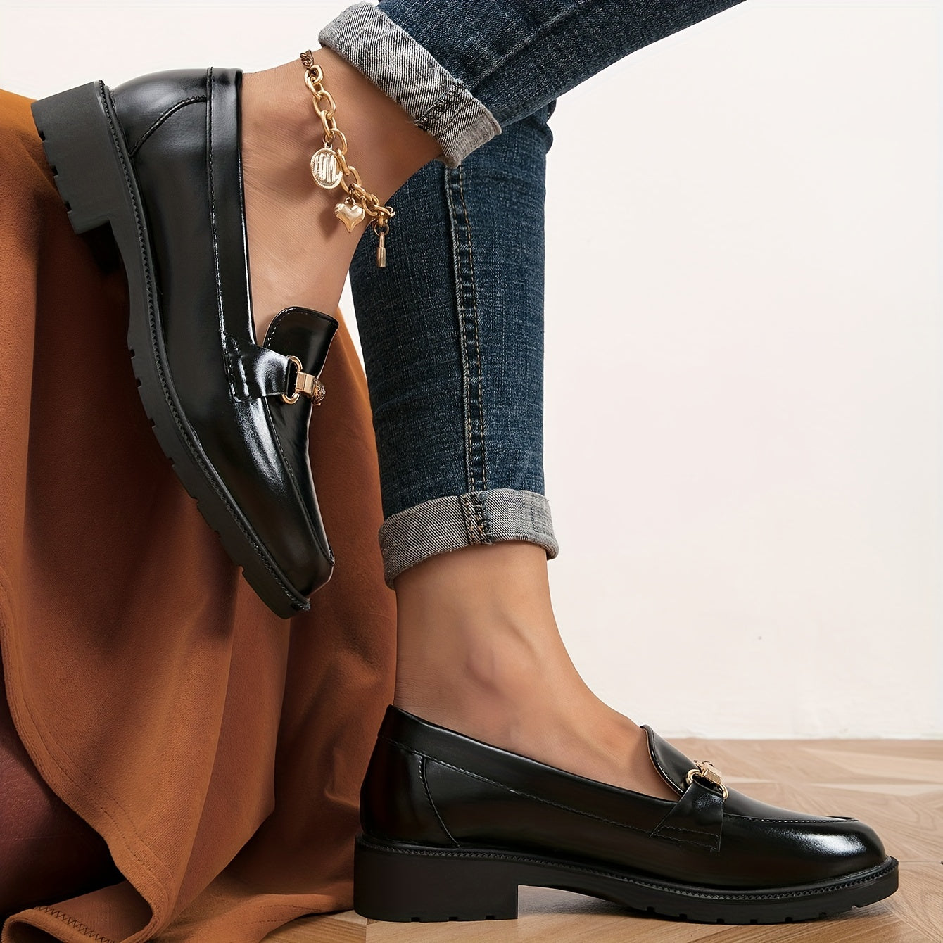 Metallic Chain Decor Loafers Slip On Low Round Toe Platform Shoes