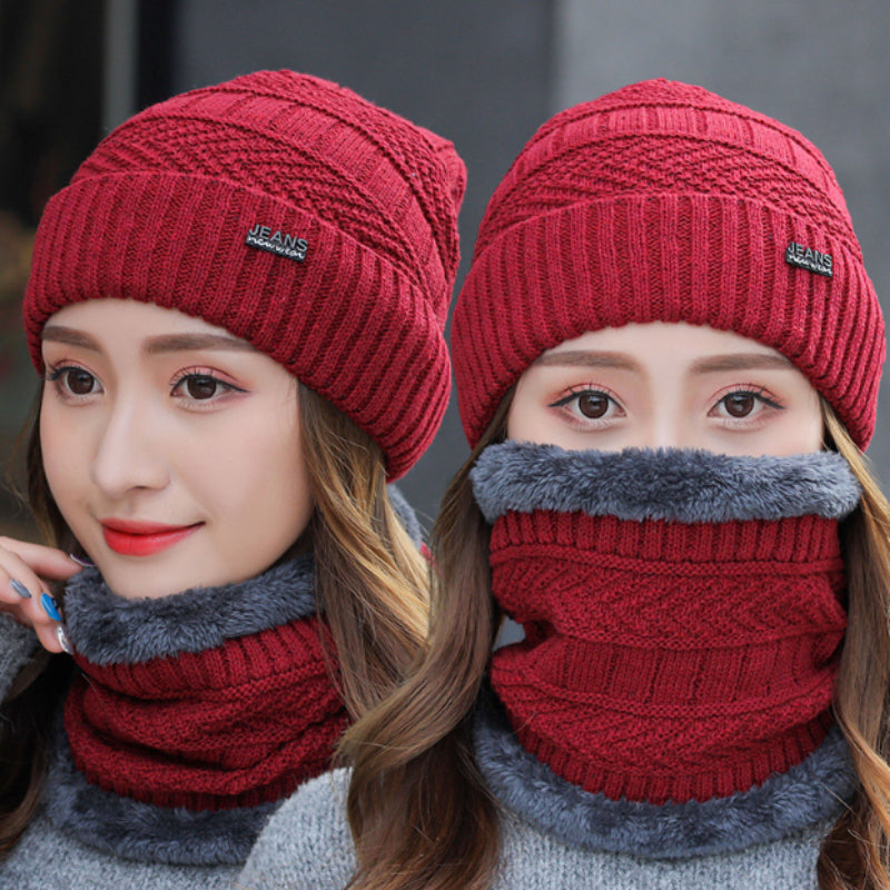 Winter Warm Elastic Soft Ear Protection Scarf Hat Gray Striped Pattern