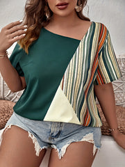  Colorblock Stripe Print Short Sleeve Top