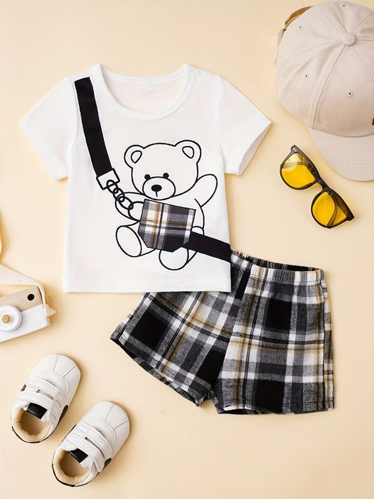 Baby Boys Bear & Bag Graphic T shirt Plaid Shorts Set