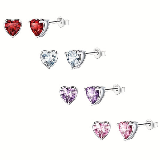 4 Pairs Heart Stud Earrings For Kids CZ Decor Small Jewelry Birthday