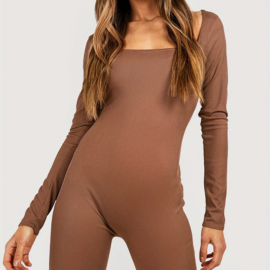 Ribbed Square Neck Long Sleeve Jumpsuit Solid Romper
