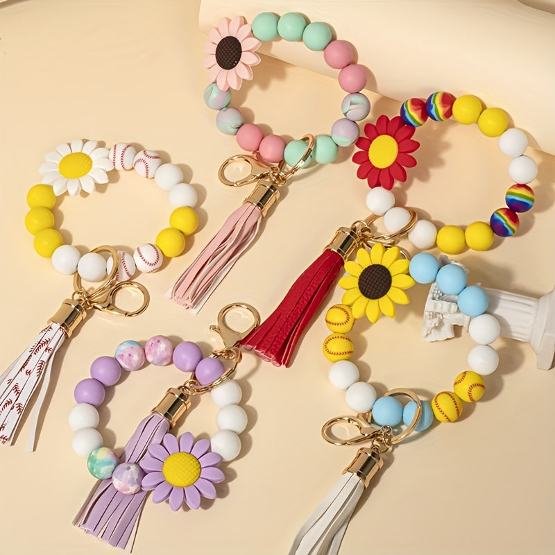 Sun Flower Silicone Bead Keychain Tassel Pendant