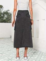 Cargo Pocket Split Denim Skirt High Rise Solid A line Long Denim Skirt