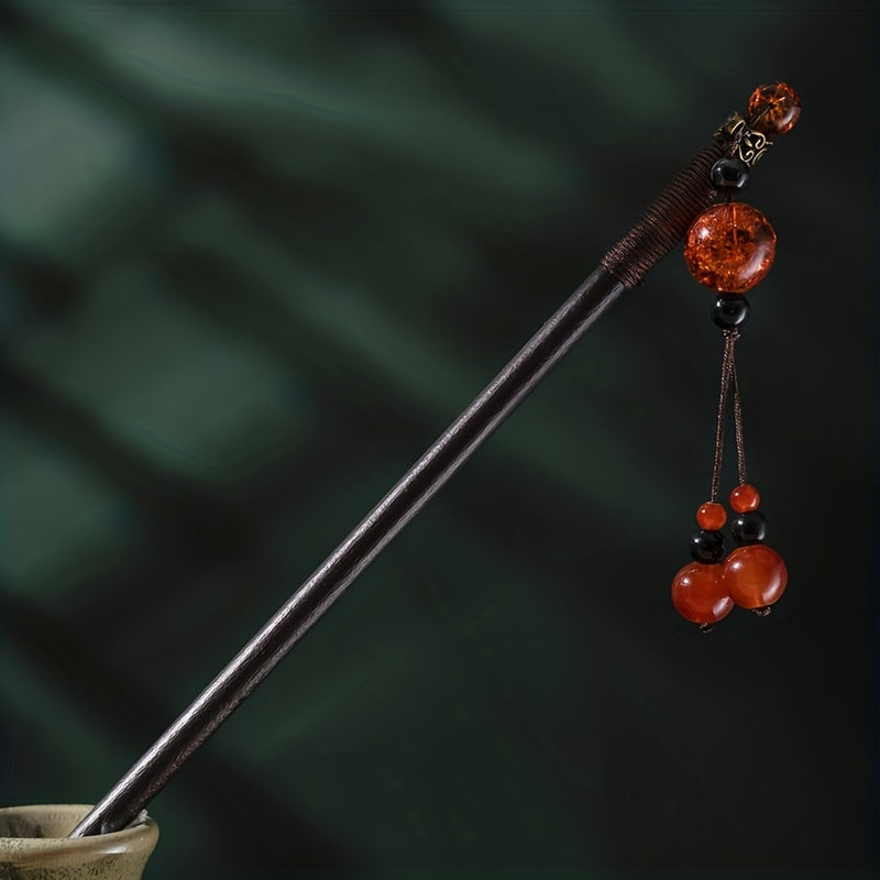Red Beads Pendant Hairpin Wooden Hair Stick Ponytail Holder