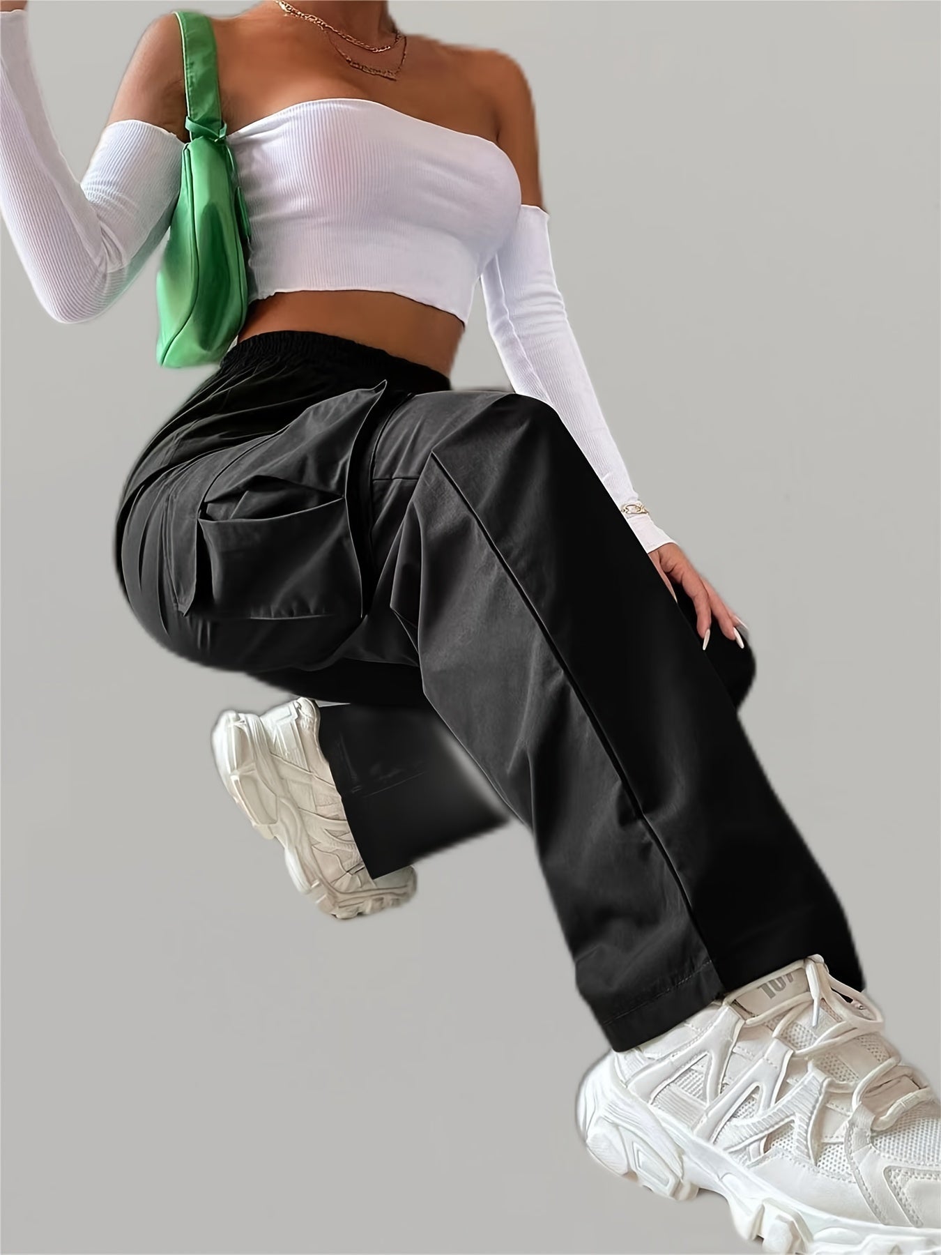Elastic Waist Wide Leg Cargo Pants w/ Pockets