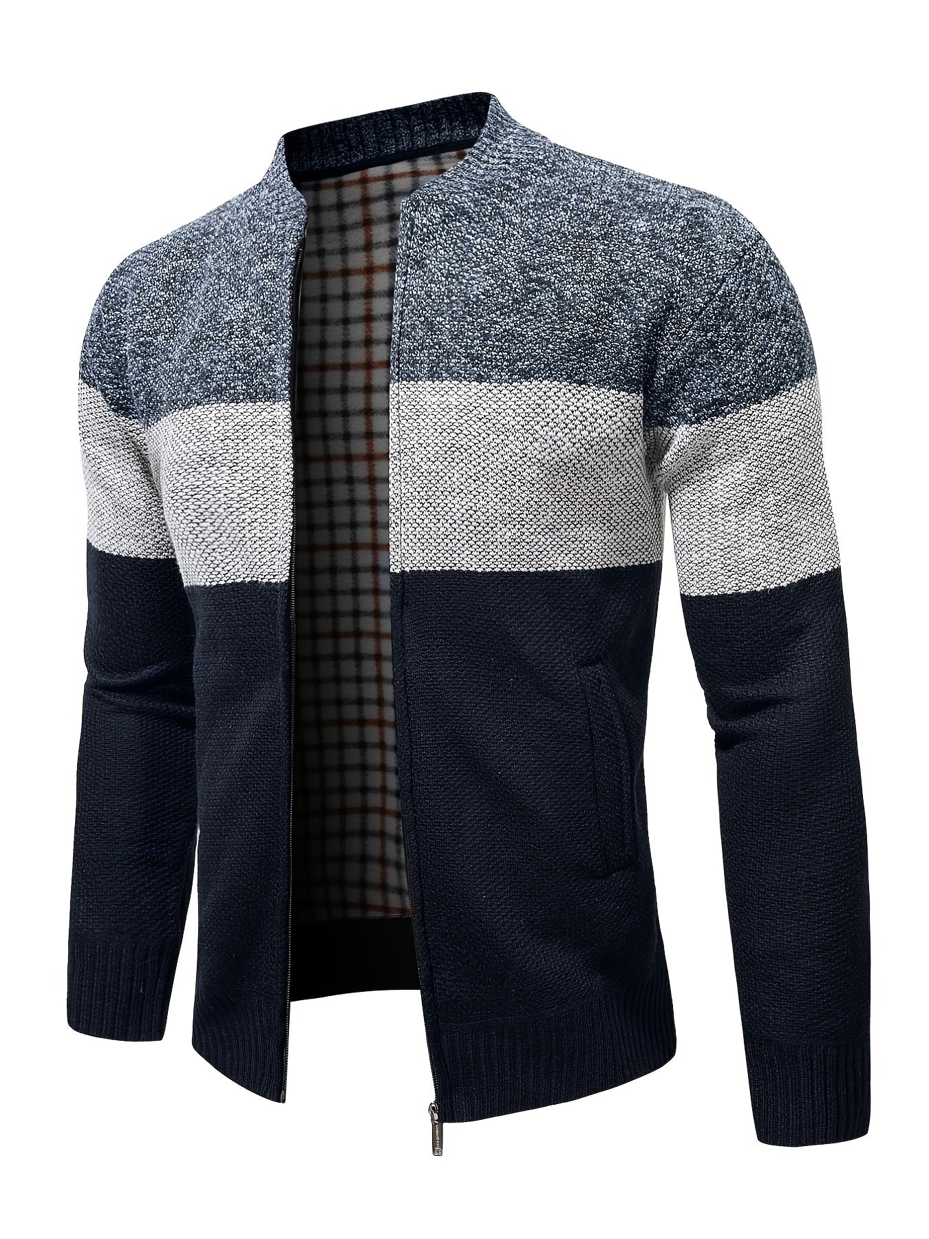 Men's Full Zip Cardigan Sweater Cable Knit Stand Collar Thick Jacket