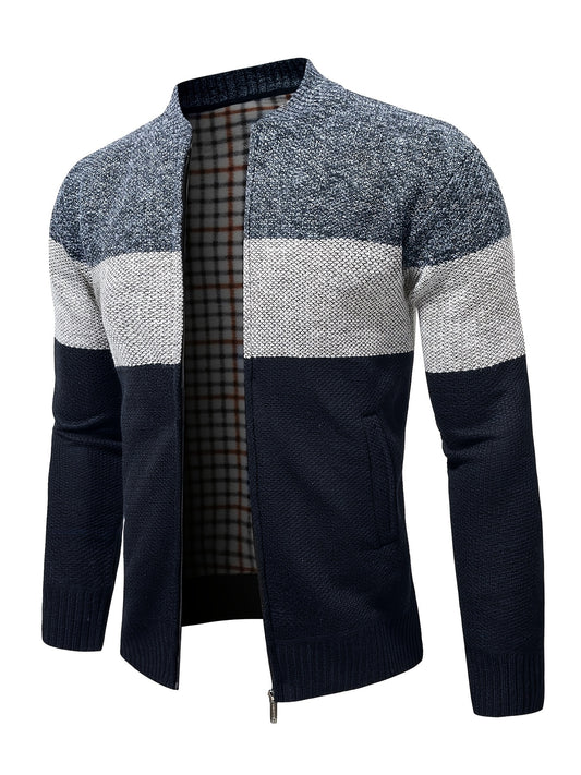 Men's Full Zip Cardigan Sweater Cable Knit Stand Collar Thick Jacket