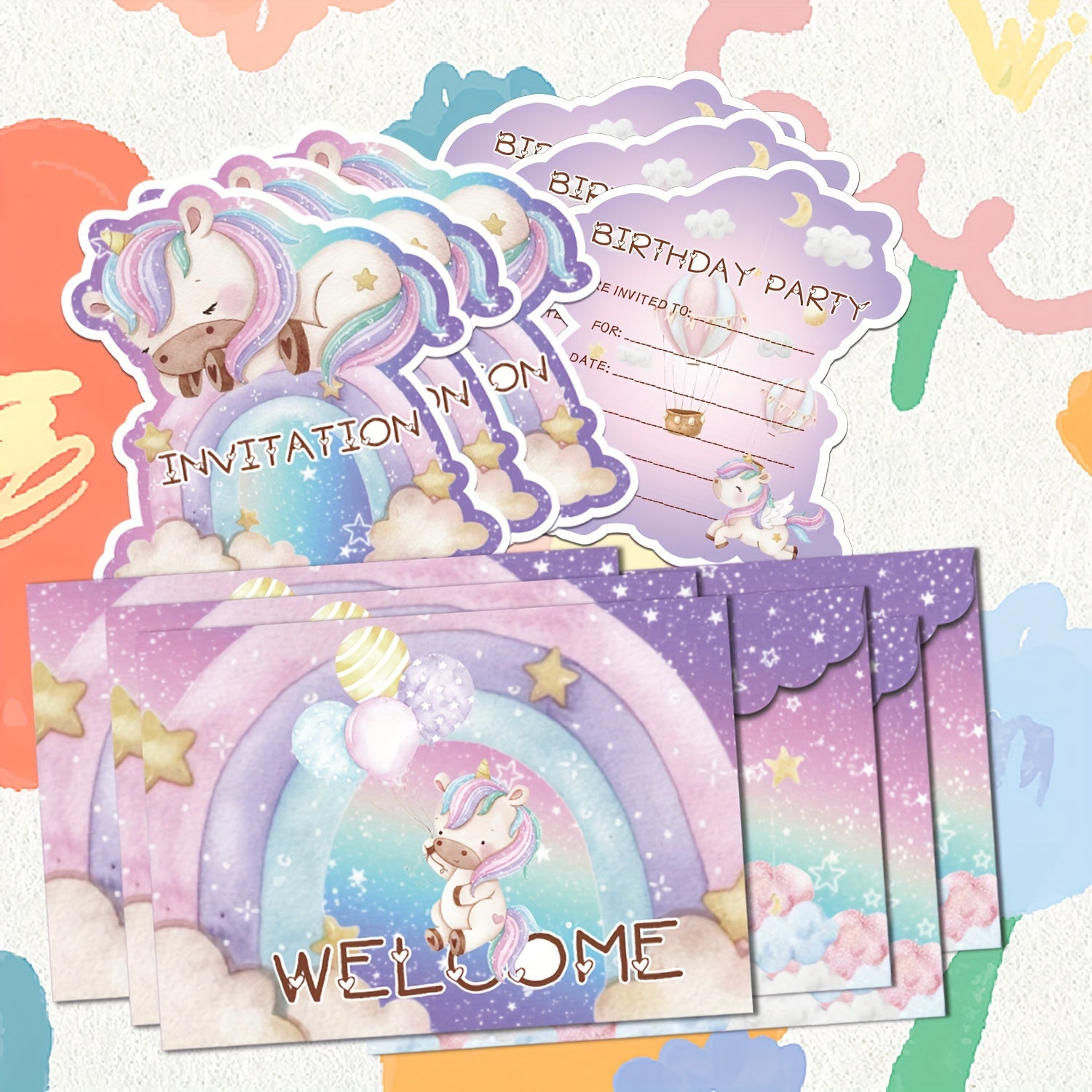 36pcs Unicorn Alien Birthday Invitations Set, Decorate with Envelopes & Stickers