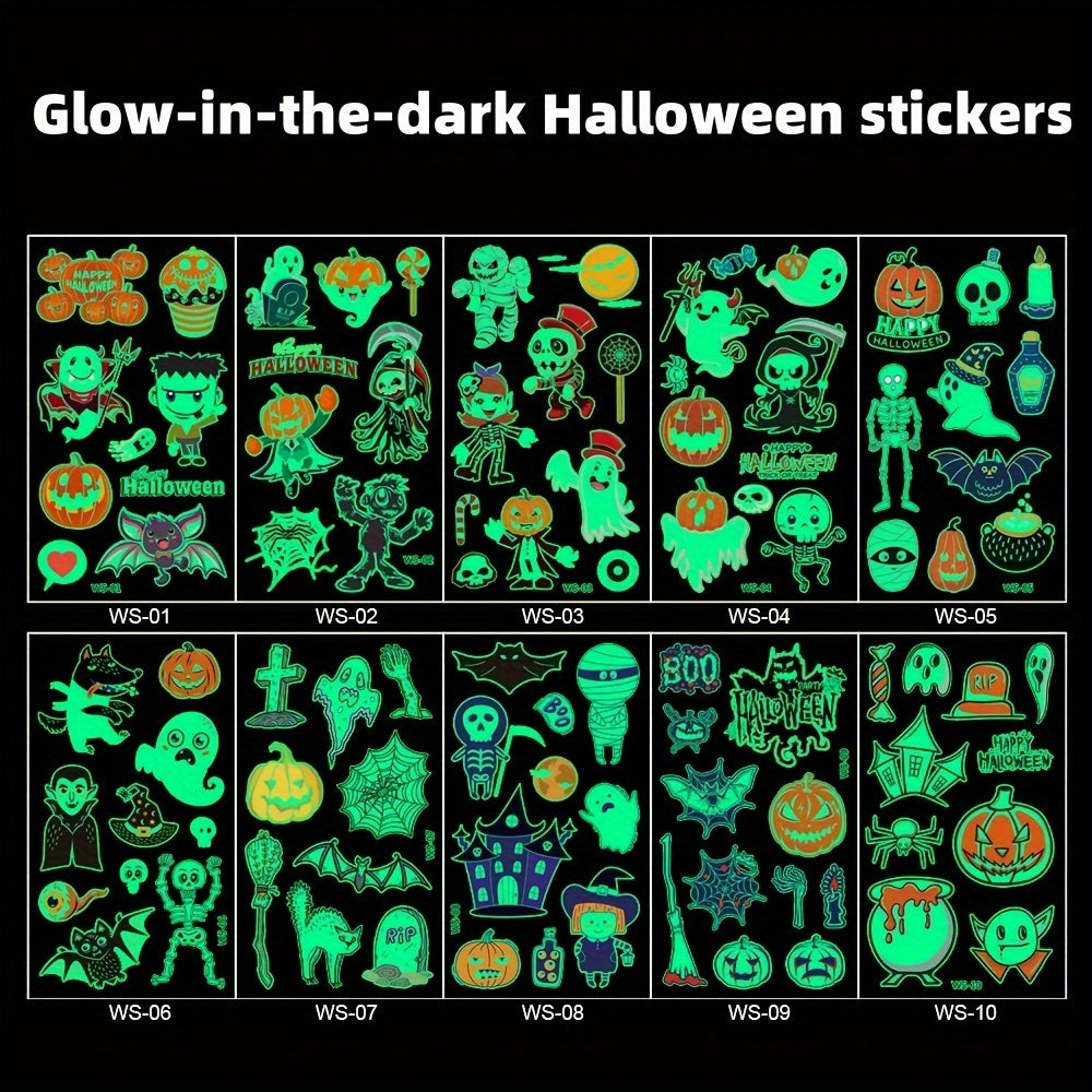 10pcs Halloween Glow Stickers Cartoon Face Temporary Tattoo