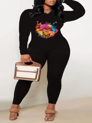  Lip & Butterfly Print Top & Leggings Set Long Sleeve V Neck