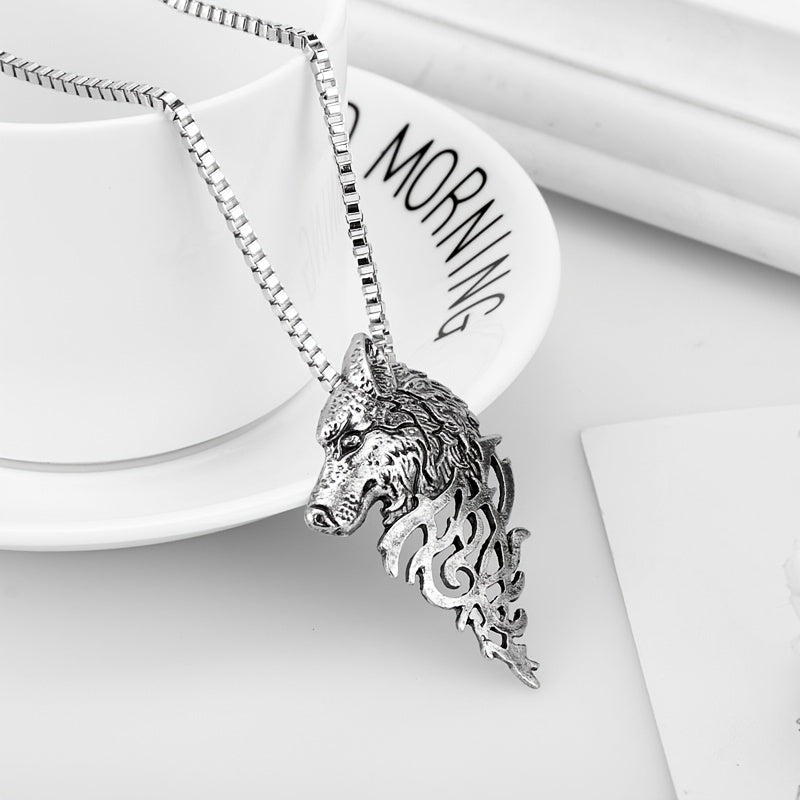 Punk Style Wolf Head Pendant Necklace Men's Jewelry Vintage Hip Hop Sweater Chai