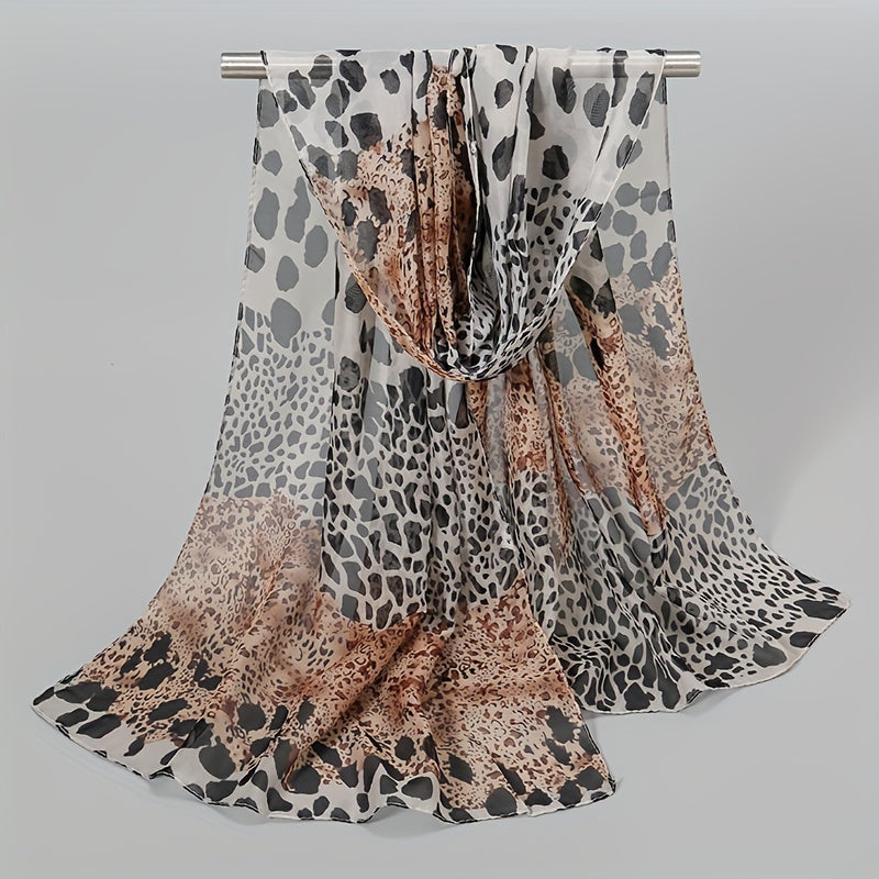 Leopard Print Chiffon Scarf Classic Block Shawl Boho Windproof Head Wrap