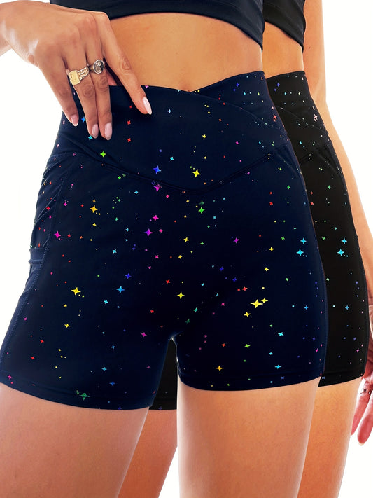 Star Print Cross Waist Yoga Shorts High Waist Running Workout Shorts